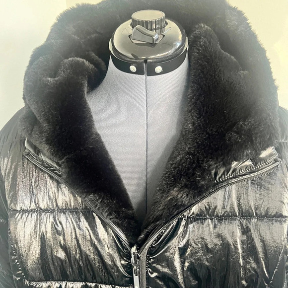 NEW Joseph Ribkoff Sz L Black Reversible Faux Fur Quilted Puffer Coat - Picture 8 of 16